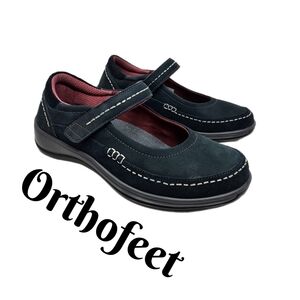Orthofeet Womens Sz 9 W Mary Jane Comfort Shoes Charcoal Blue Gray Leather Adj.